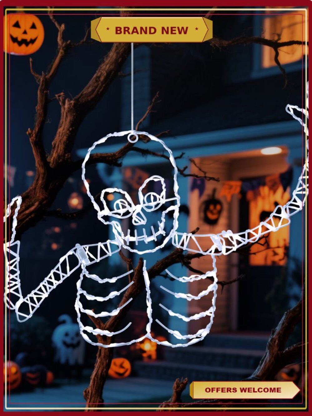 Halloween Skull String Lights 10ft 150 LED USB 8 Modes Indoor Outdoor Decor